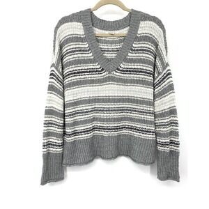 American Eagle Women Medium Sweater Oversized Gray White Striped Knit V Neck